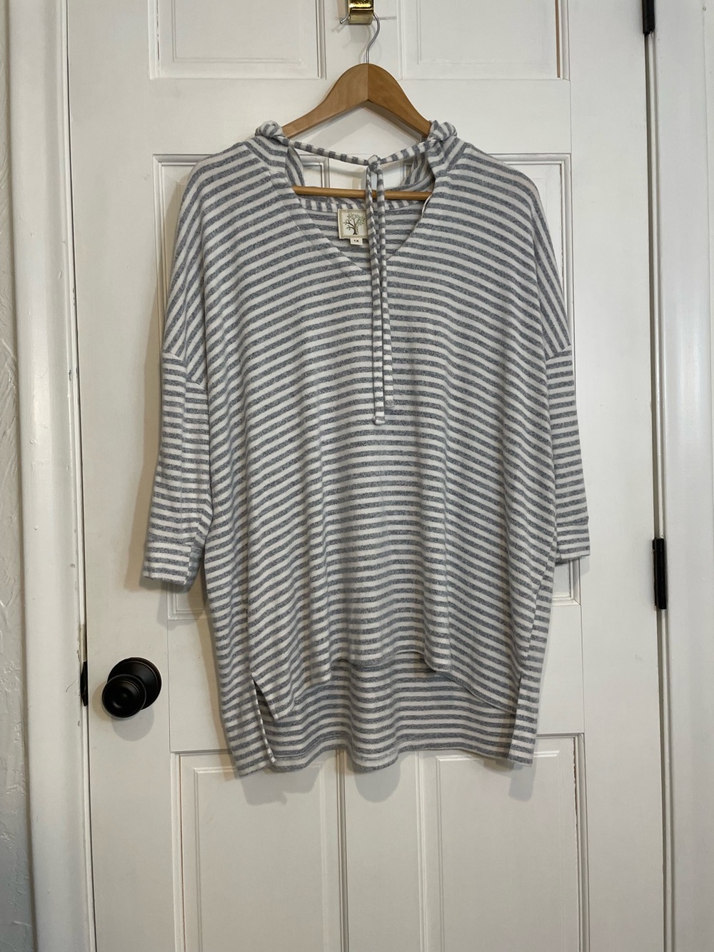 Colortree Striped lightweight Knit Hoodie Gray & White beach casual 1X